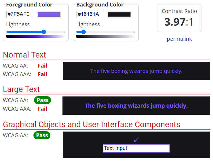 WebAIM contrast checker showing insufficient contrast between purple and dark grey