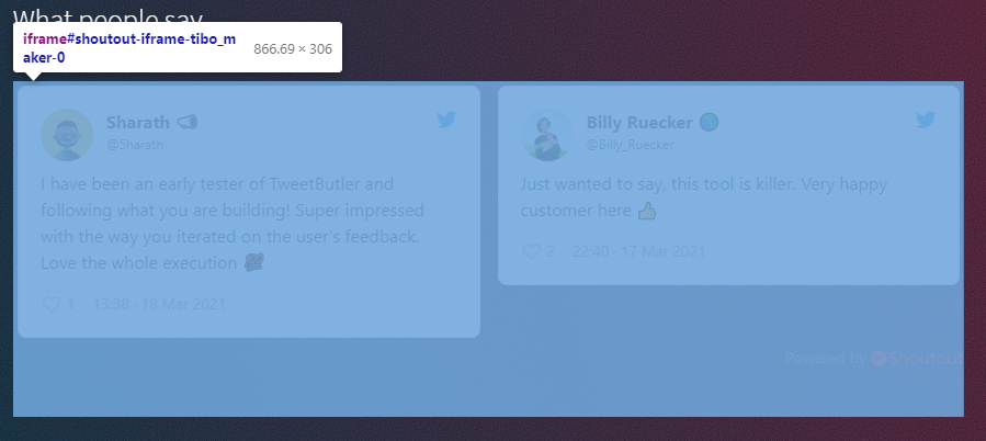 Twitter Butler testimonials iframe element
